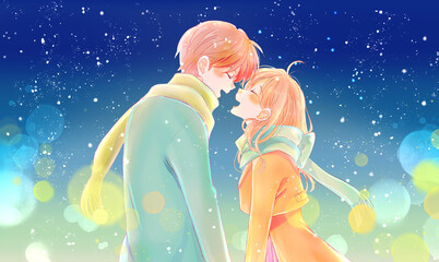 冬の幸せそうな男女　向かい合う　夜　雪　イルミネーション