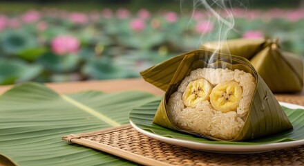 Steamed Cambodian Num Aloy Sticky Rice with Banana in Leaf Wrapper on Woven Mat, Featuring Steam and Ample Copy Space in Tropical Light