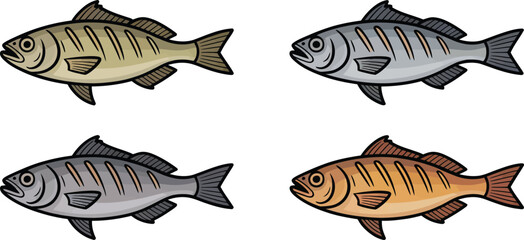 Set of four whole fish in different color variations, depicted with realistic scales and fins, marine life