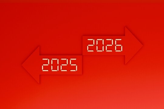 three dimensional arrow sign texture. year transition concept. 2025 to 2026 abstract background minimal red for banner. advertising for business planning. three dimensional render.