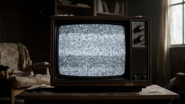 Retro television displaying static and occasional glitching imagery in a dimly lit vintage room