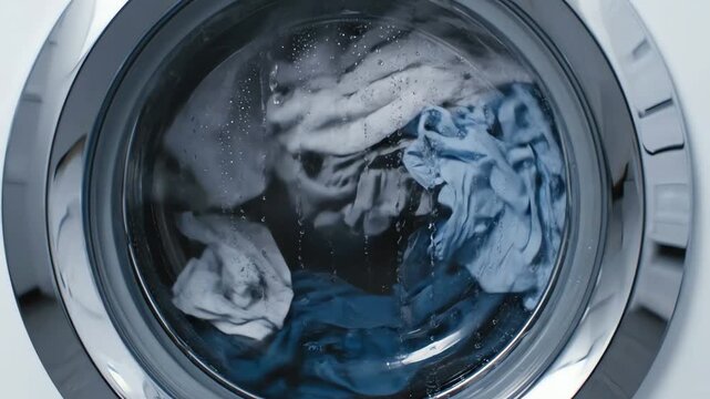 Close-up view of a modern front-loading washing machine as clothes tumble and spin in the sudsy water