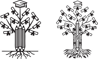 Educational Tree Vector Icon with Pencil Trunk, Graduation Cap Branches, and Knowledge Roots &ndash; Symbol of Academic Growth and Success