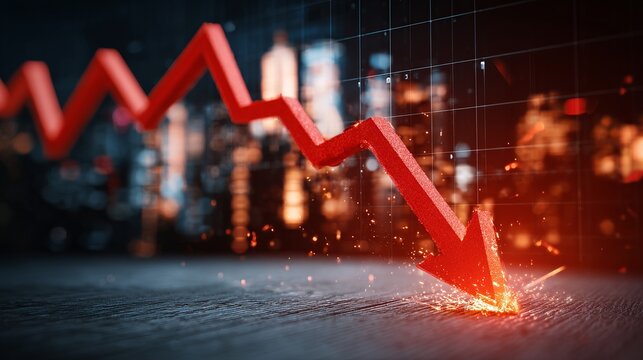 Red downward arrow on graph with cityscape background, financial decline concept - Powered by Adobe