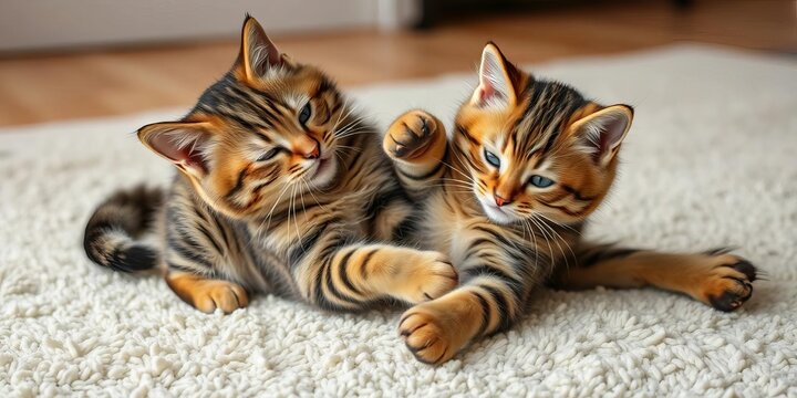 Two playful tabby cats wrestling on a soft rug,  siblings,  playful kittens