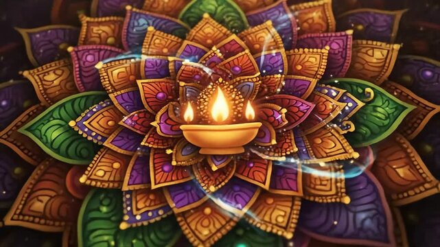 Beautiful mandala art with glowing oil lamp and intricate floral patterns celebrating light and color