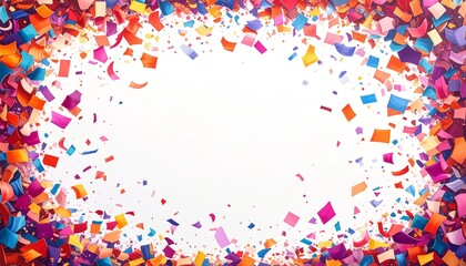 Colorful confetti border frame background with bright vibrant paper pieces scattered around the edges creating a festive celebratory atmosphere and leaving a clean white center space ideal for party d