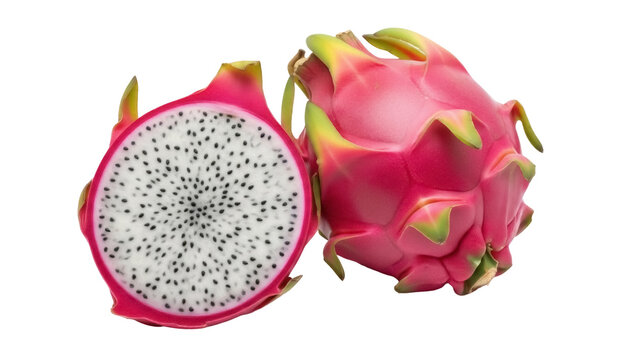 Isolated colorful cut dragon fruit next to a whole dragon fruit pitaya for healthy eating