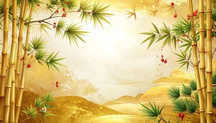 Elegant Japanese-style golden background featuring bamboo, pine, and plum elements arranged as a decorative frame design, ideal for New Year greetings, festive invitations, seasonal banners and tradit