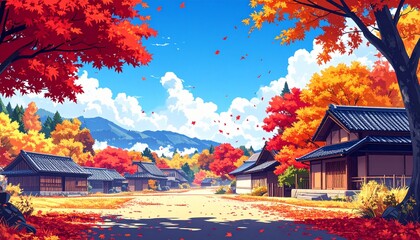 Beautiful autumn landscape of traditional Japanese countryside with vibrant red and orange maple trees, wooden houses, blue sky, distant mountains, and warm seasonal scenery perfect for travel and nat