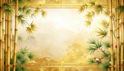 Elegant Japanese-style golden background featuring bamboo, pine, and plum elements arranged as a decorative frame design, ideal for New Year greetings, festive invitations, seasonal banners and tradit