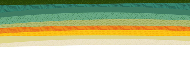 Abstract farm field collage horizontal background. Agriculture banner backdrop, nature landscape vector textured illustration. Green decorative header, eco design, rural template, ecology art layout