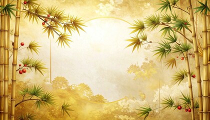 Elegant Japanese-style golden background featuring bamboo, pine, and plum elements arranged as a decorative frame design, ideal for New Year greetings, festive invitations, seasonal banners and tradit