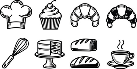 Hand Drawn Bakery and Pastry Icons Set with Chef Hat, Cake, Bread and Coffee Vector Illustration