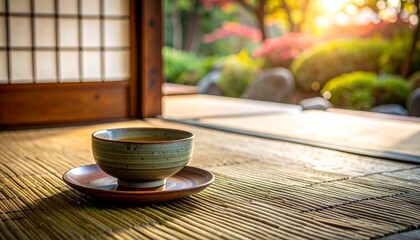 Traditional Japanese tatami room with a warm morning light illuminating a ceramic teacup by the open shoji, offering a peaceful atmosphere reminiscent of serene lake and Mount Fuji views