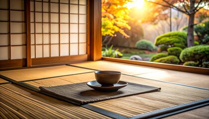 Traditional Japanese tatami room with a warm morning light illuminating a ceramic teacup by the open shoji, offering a peaceful atmosphere reminiscent of serene lake and Mount Fuji views