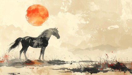 Silhouette of horse under Japanese pine tree beside red full moon and traditional elements of bamboo and plum blossoms, peaceful ink painting style night scene