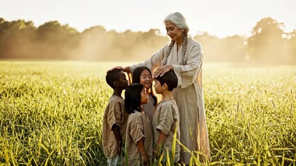 Grandmother guiding children through sunlit meadow