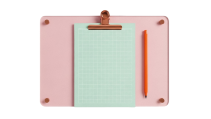 Isolated pink clipboard with graph paper sheet and orange pen, minimal stationery design