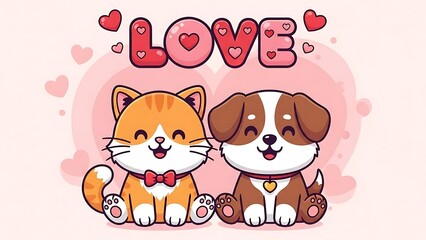 Adorable Cartoon Cat and Dog Couple Sitting Together under Big Pink 'LOVE' Text and Floating Hearts - Cute Kawaii Pet Friendship, Valentine's Day Graphic Vector Illustration Background