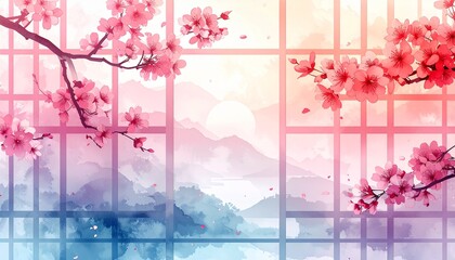 Soft pastel Japanese-style background featuring blooming cherry blossoms, delicate petals, elegant branches, gentle lighting, and a modern lattice design perfect for spring themes, floral decorations,
