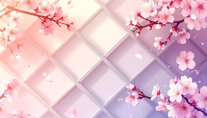 Soft pastel Japanese-style background featuring blooming cherry blossoms, delicate petals, elegant branches, gentle lighting, and a modern lattice design perfect for spring themes, floral decorations,