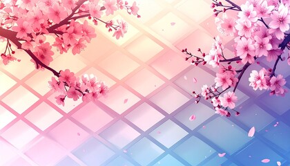 Soft pastel Japanese-style background featuring blooming cherry blossoms, delicate petals, elegant branches, gentle lighting, and a modern lattice design perfect for spring themes, floral decorations,