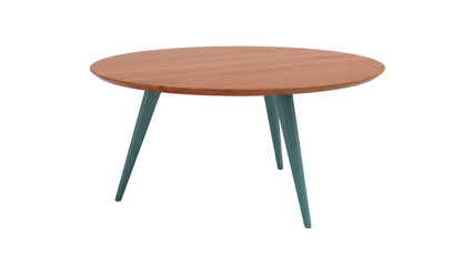 Isolated oval wooden coffee table with three teal legs for living room, no background
