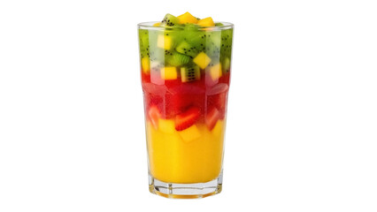 Isolated serving of colorful tropical fruit salad in tall glass, delicious snack or dessert