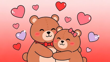 Sweet Kawaii Teddy Bears Couple Embracing Warmly with Floating Hearts Background | Cute Vector Illustration for Valentine's Day, Anniversary Cards, Romantic Graphics, and Children's Design.