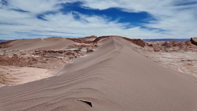 San Pedro de Atacama, Chile: Panorama footage of sand dune in Valle de la Luna or Moon valley in Los Flamencos National Reserve in Atacama's desert in Chile on cloudy day
