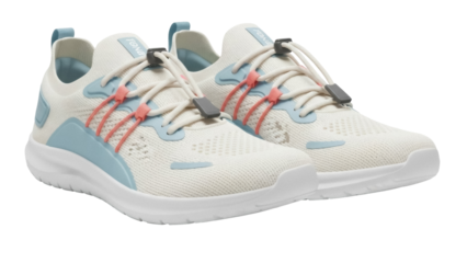 Isolated pair of lace-up sneakers for sports and fitness in beige with blue and coral trim