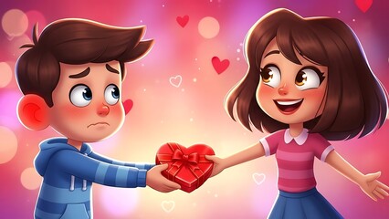 Shy Boy Presents Heart-Shaped Gift Box to Excited Girl in Vibrant Cartoon Illustration | First Crush, Young Romance, Valentine's Day Bokeh Background