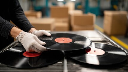 Medium shot of a quality control specialist handling vinyl records manually checking for warping and surface defects