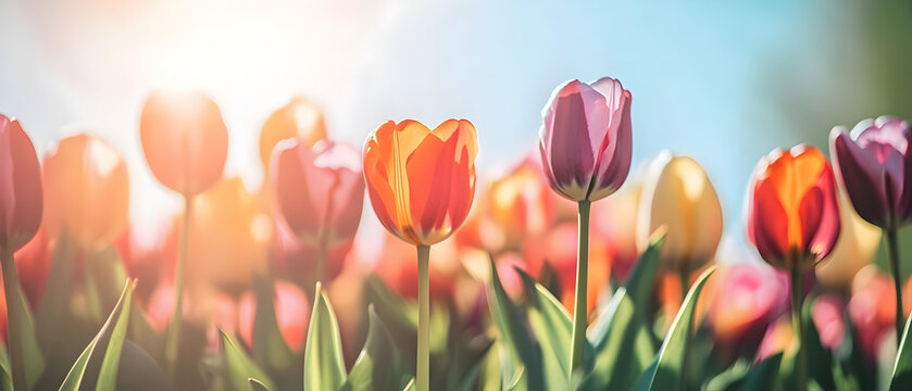 Vibrant tulips in full bloom under warm sunlight in spring - Powered by Adobe