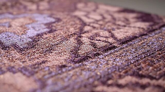 Close up extreme macro shot of shimmering purple fabric with intricate woven geometric pattern texture