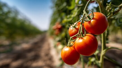 Red tomatoes ripen on a vine in a sunny, blurred field under a blue sky