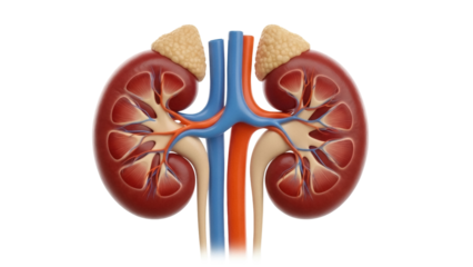 Isolated human kidneys and adrenal glands for medical or anatomical illustration asset