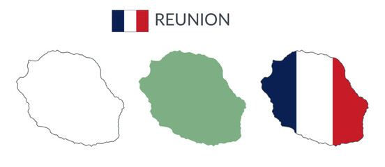 Reunion geographical borders isolated on white background. Flag of Reunion. Vector flat cliparts.