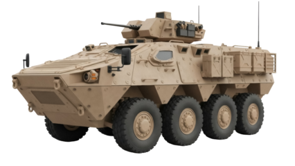 Isolated eight wheeled military vehicle, troop carrier, army transport for soldiers or equipment