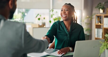 Financial advisor, client or handshake with document in office, investment meeting or new trading account. Happy, shake hands or people with consultation for contract negotiation, partnership or deal - Powered by Adobe