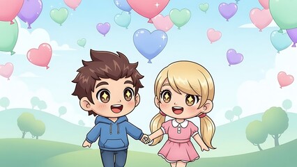 Adorable Chibi Couple Walking Hand-in-Hand in a Bright Meadow | Cute Cartoon Vector Illustration with Pastel Heart Balloons Representing Love, Friendship, and Innocence