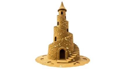 Isolated sandcastle tower art, unique sand construction, handmade summer scene, beach day