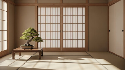Naklejka premium Minimalist Zen interior with bonsai tree, shoji doors and soft morning sunlight, wabi-sabi aesthetic.
