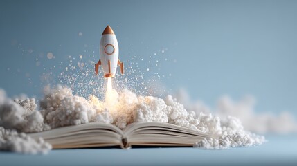 Miniature Rocket Launching from Open Book with Smoke and Clouds