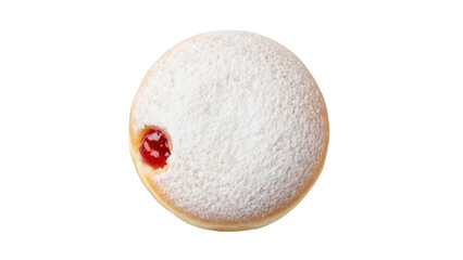 Isolated doughnut filled with cherry jam and powdered sugar, close-up yummy baked good