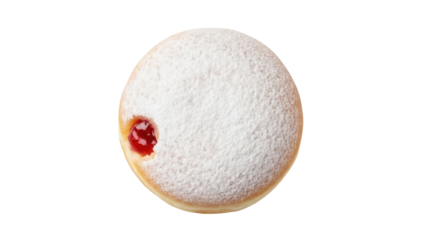 Isolated doughnut filled with cherry jam and powdered sugar, close-up yummy baked good