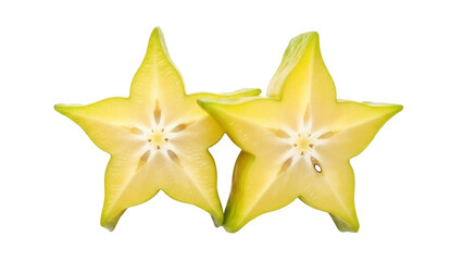 Isolated Star Fruit halves show off juicy star shape from tropical Asian dessert snack fruit