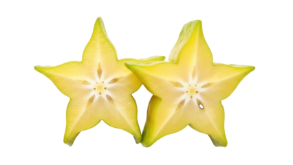 Isolated Star Fruit halves show off juicy star shape from tropical Asian dessert snack fruit