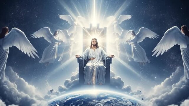 Jesus Christ silhouette on divine throne, bathed in radiant light